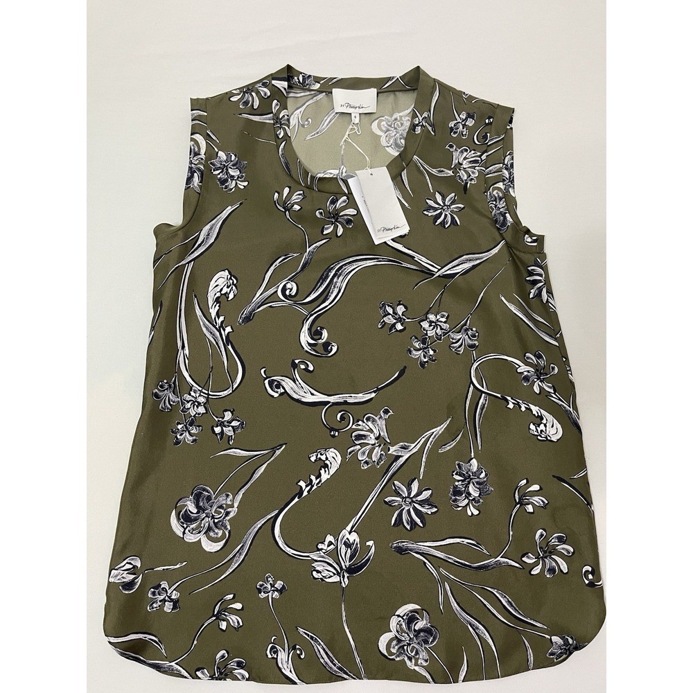 3.1 Phillip Lim Olive Silk Floral sleeveless blouse
